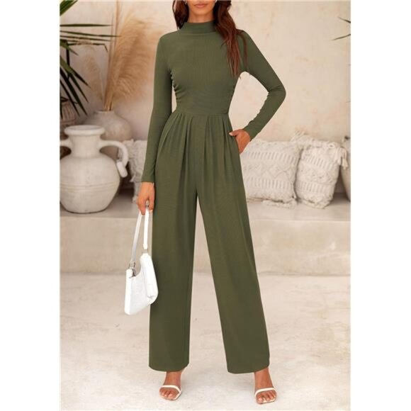 Jumpsuits Mock Neck Romper One Piece Outfits Green - Picture 3 of 6